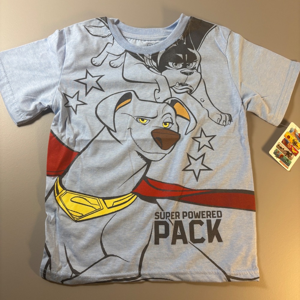 Kids DC League of Super Pets T Shirt Light Blue Size 7 Krypto Ace Mutt - Picture 2 of 9